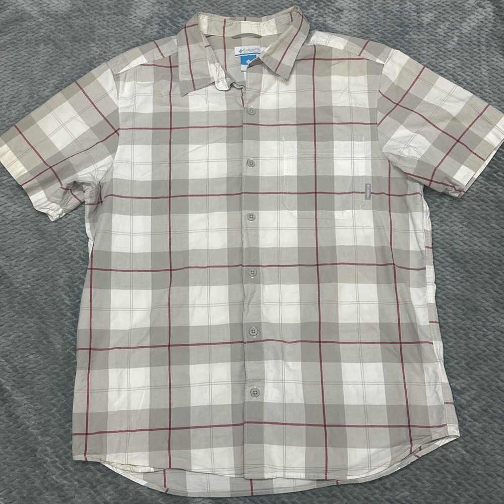 Columbia Men's Large Plaid Print Short Sleeve Collared Button Up Shirt Neutral